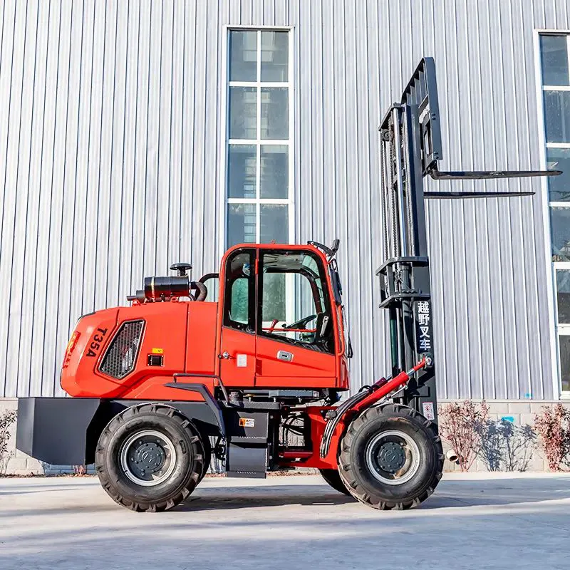 rough terrain forklift lifting concrete blocks